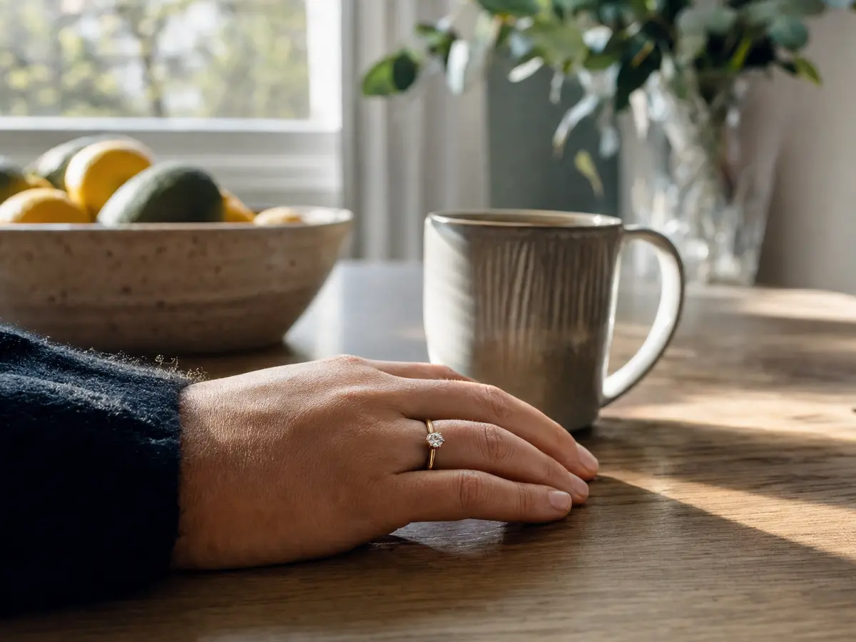 A newly worn engagement ring resting on a hand at a kitchen table at home