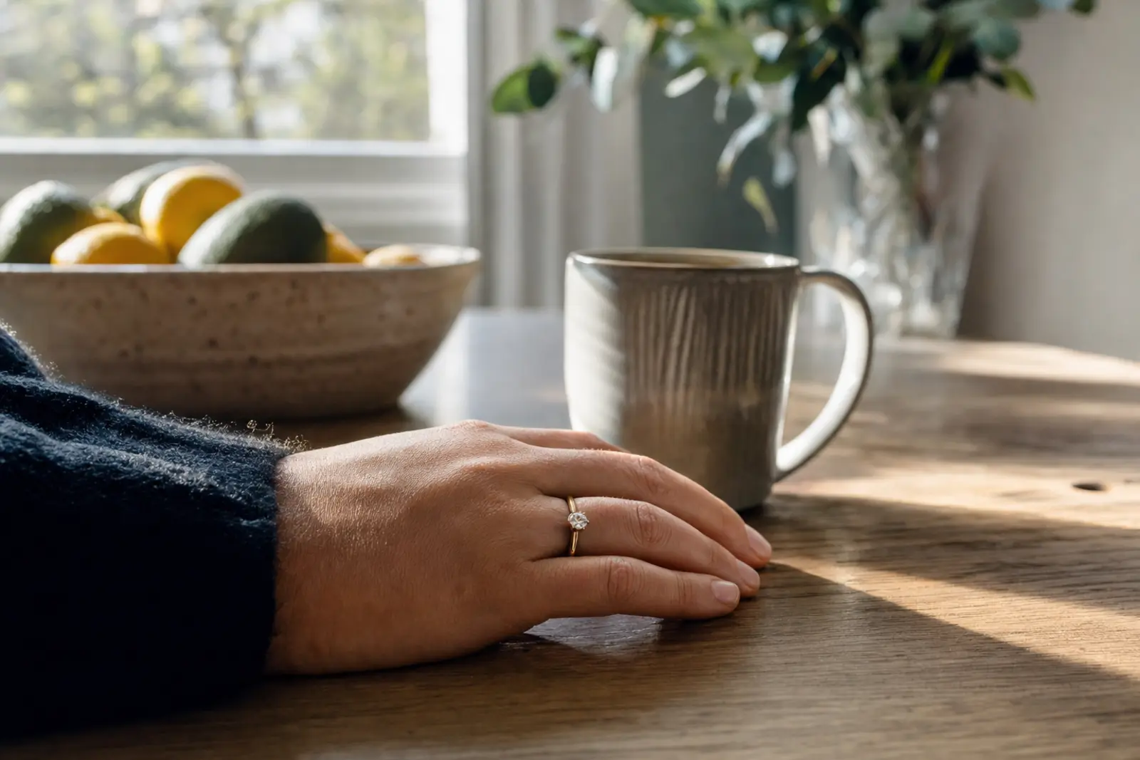 A newly worn engagement ring resting on a hand at a kitchen table at home