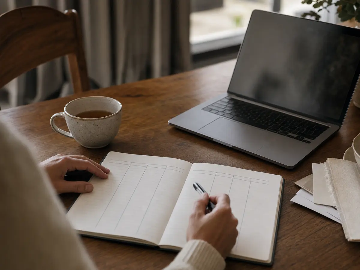 A ruled budget notebook open on a table beside a laptop and a cup of tea