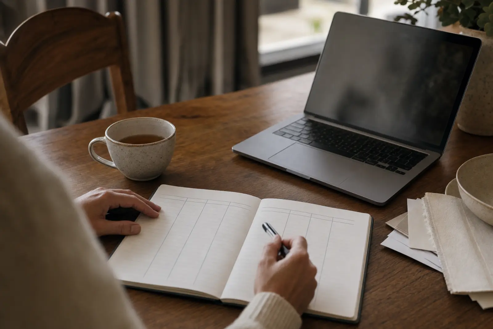 A ruled budget notebook open on a table beside a laptop and a cup of tea