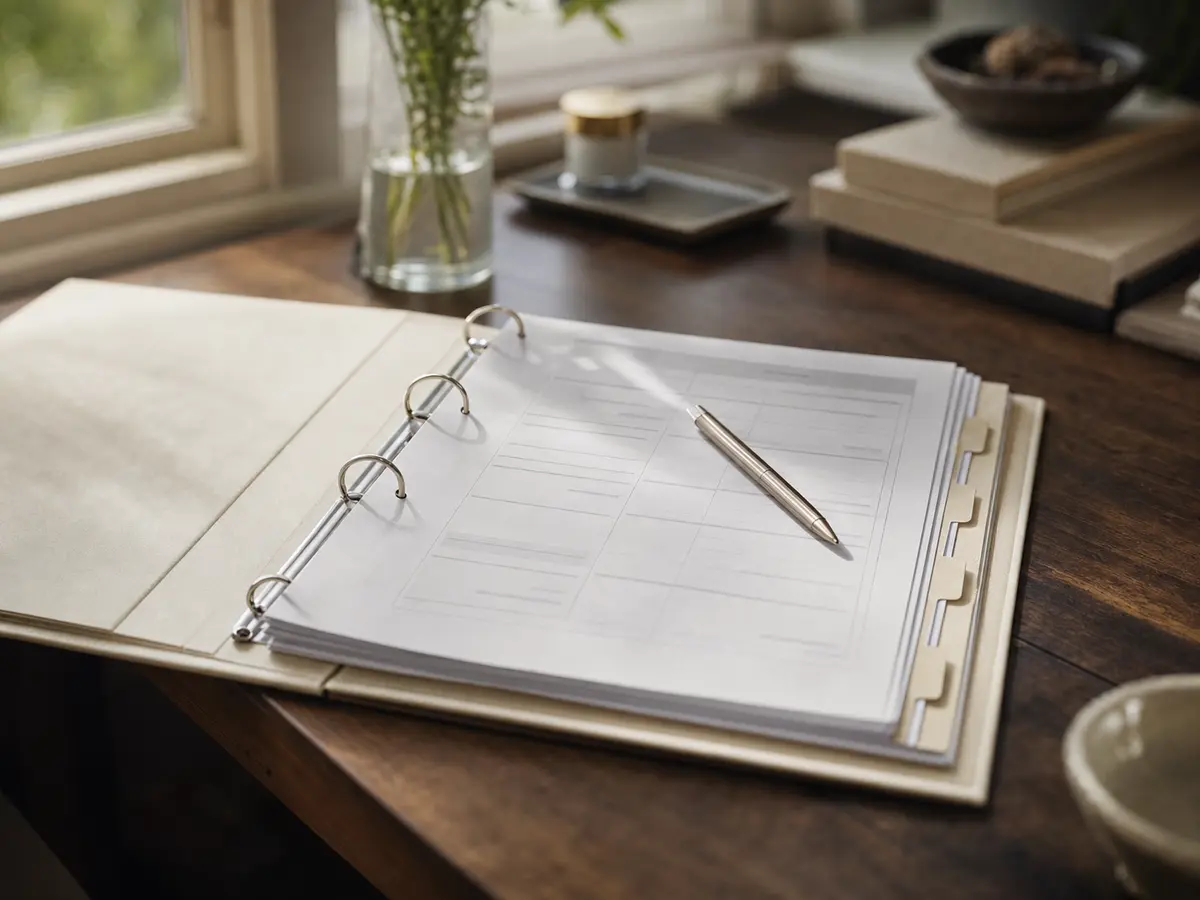 A planner's open folder of supplier contracts and a printed wedding-day timeline on a desk