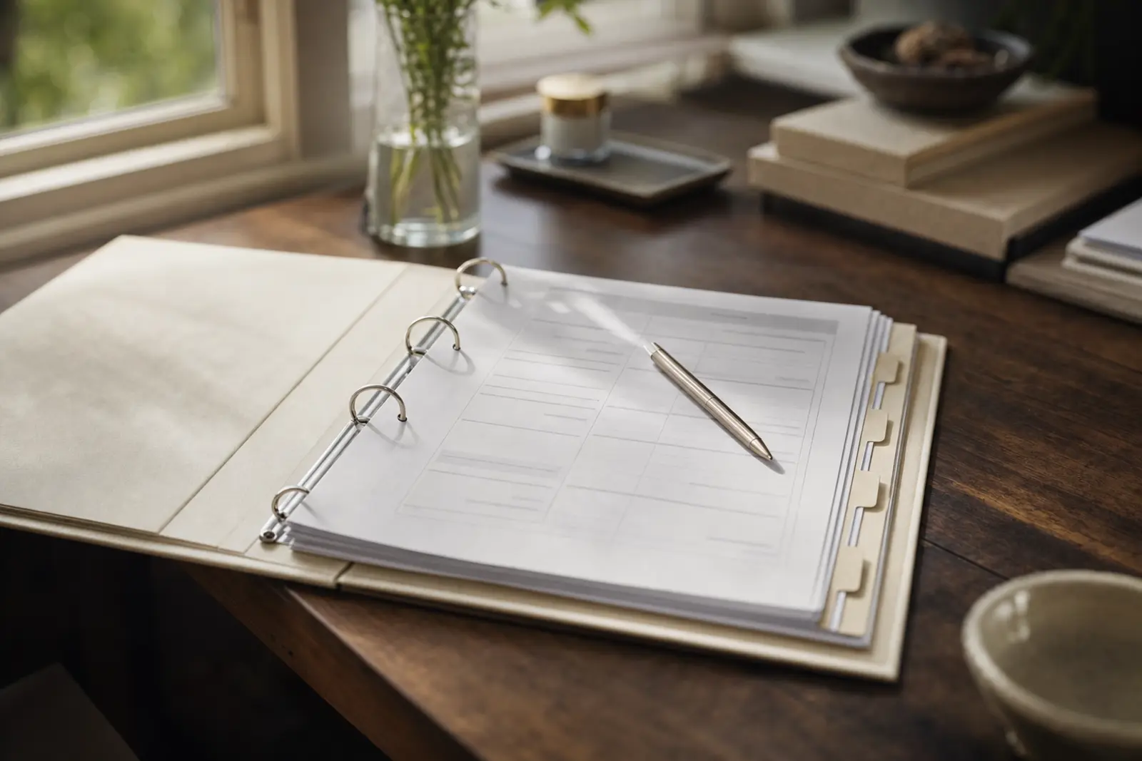 A planner's open folder of supplier contracts and a printed wedding-day timeline on a desk