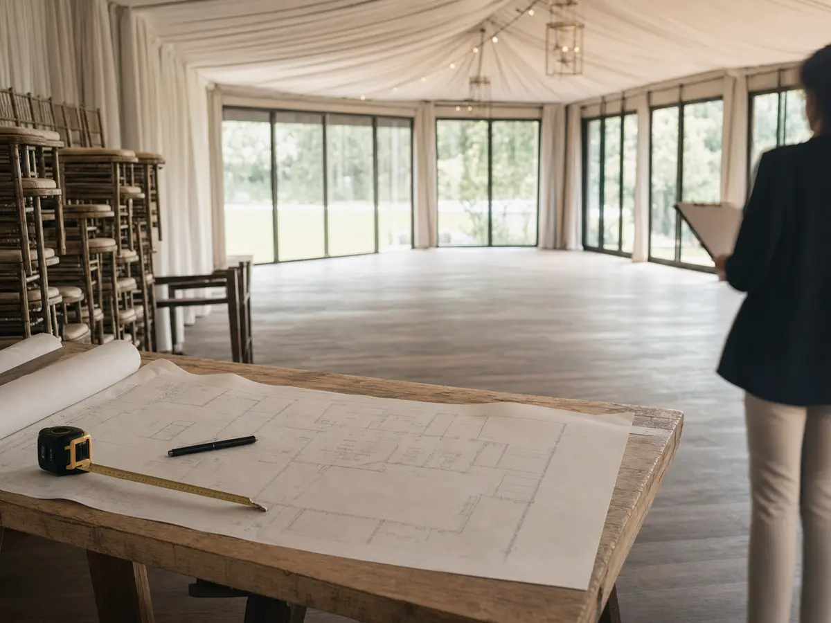 An empty wedding function room being measured out with a tape measure before a booking