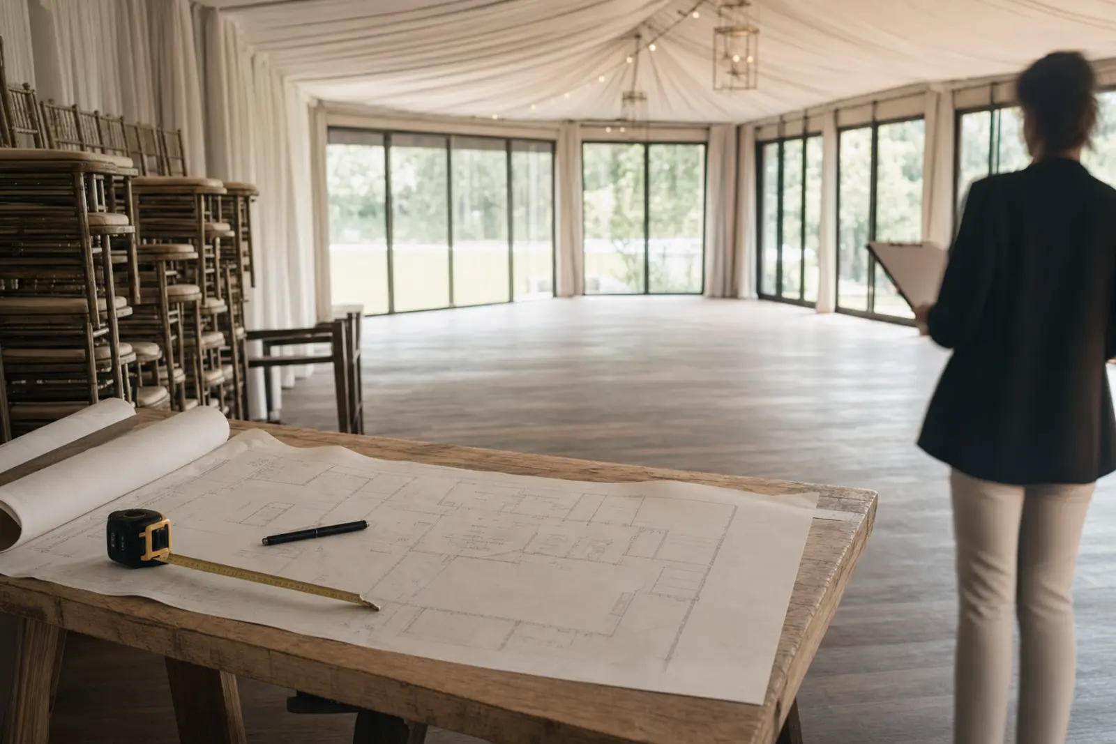 An empty wedding function room being measured out with a tape measure before a booking