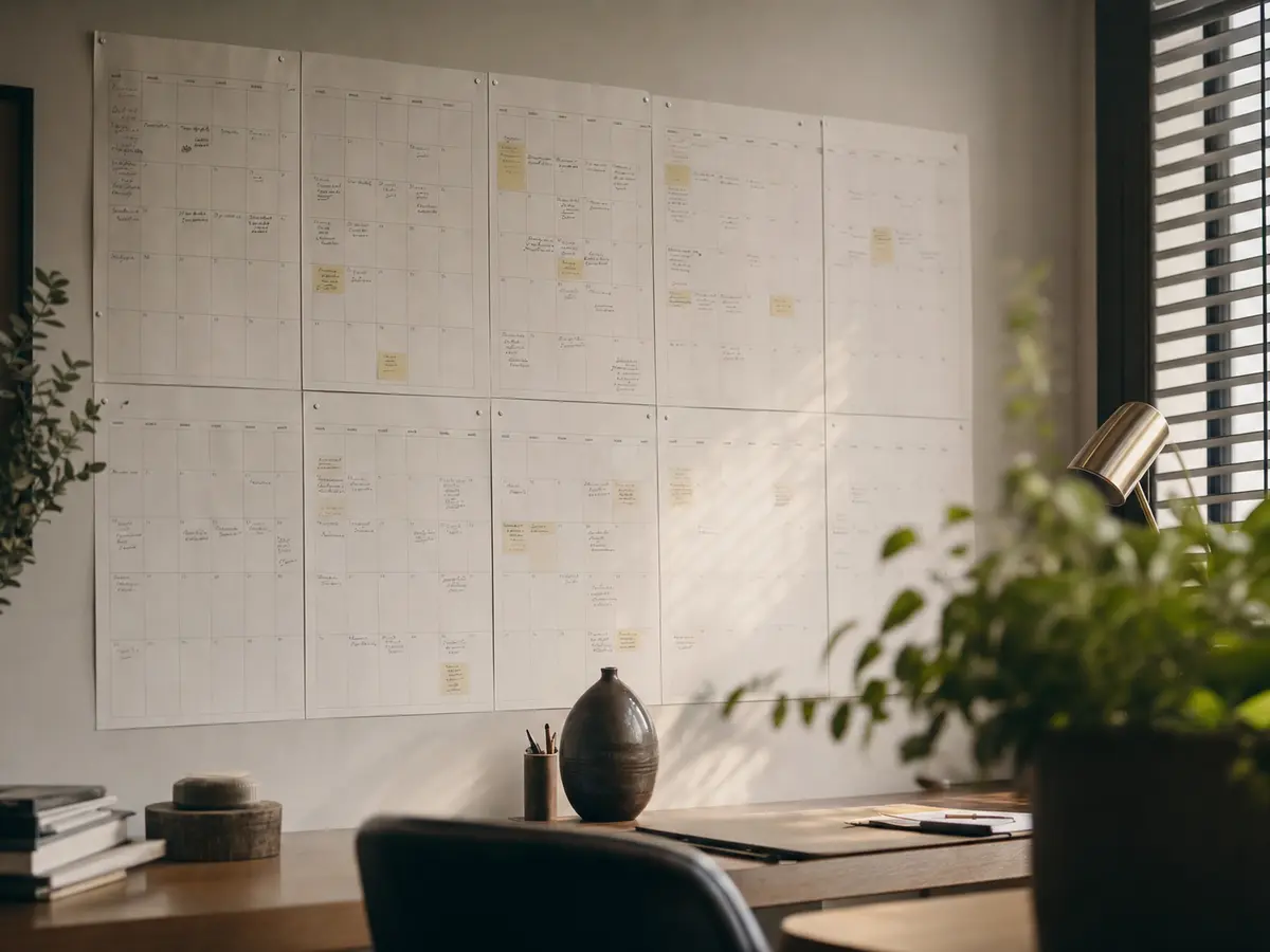 A wall planner marked with handwritten wedding-planning milestones across several months