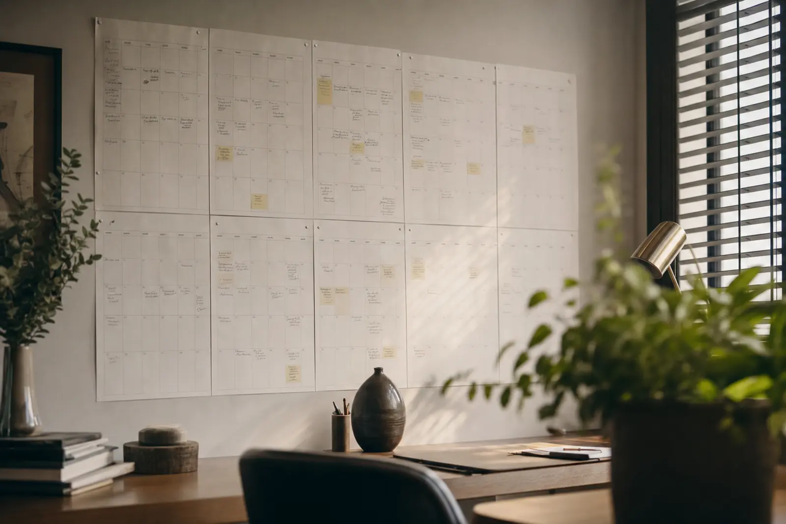 A wall planner marked with handwritten wedding-planning milestones across several months
