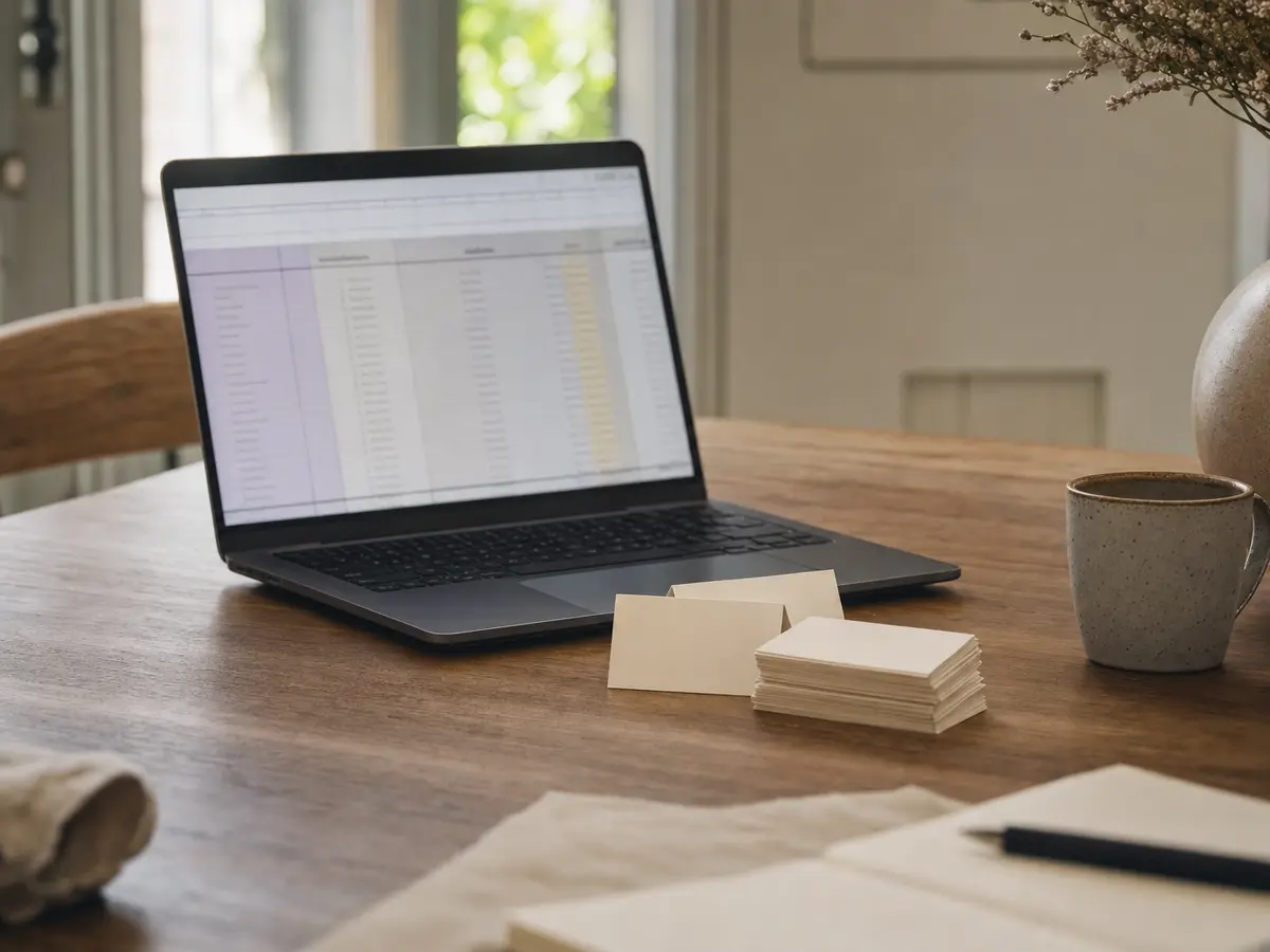 A guest-list spreadsheet on a laptop screen beside a stack of blank place cards