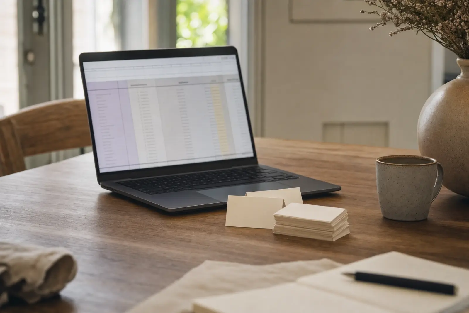 A guest-list spreadsheet on a laptop screen beside a stack of blank place cards