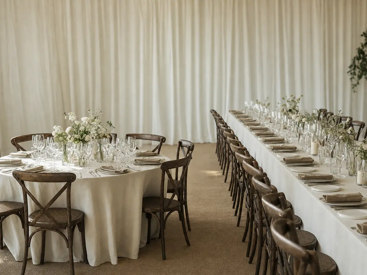 A small round table set for eight beside a long banquet table set for many more