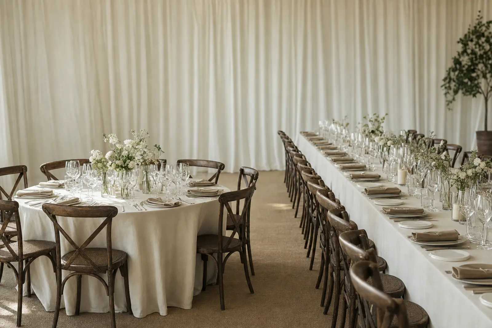 A small round table set for eight beside a long banquet table set for many more