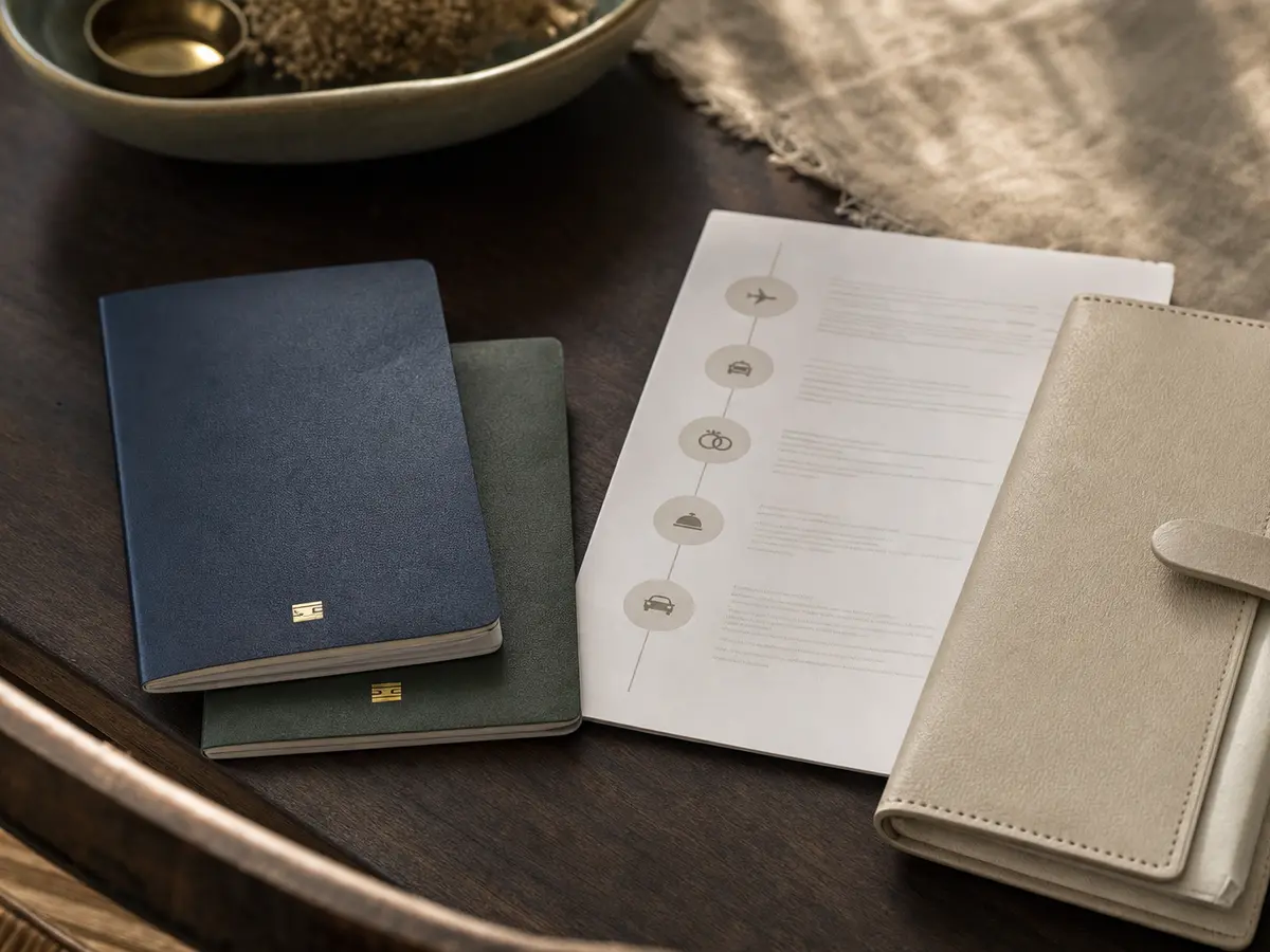 Two passports and a printed travel itinerary laid out beside a slim document folder