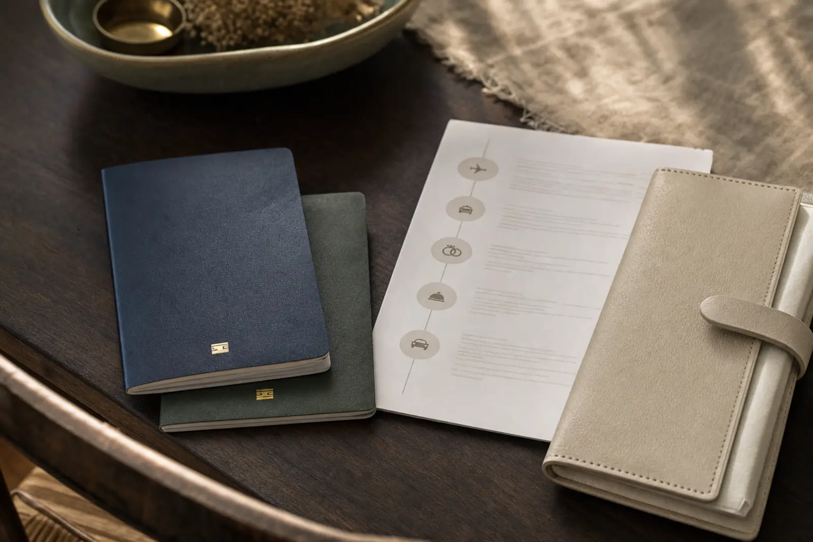 Two passports and a printed travel itinerary laid out beside a slim document folder