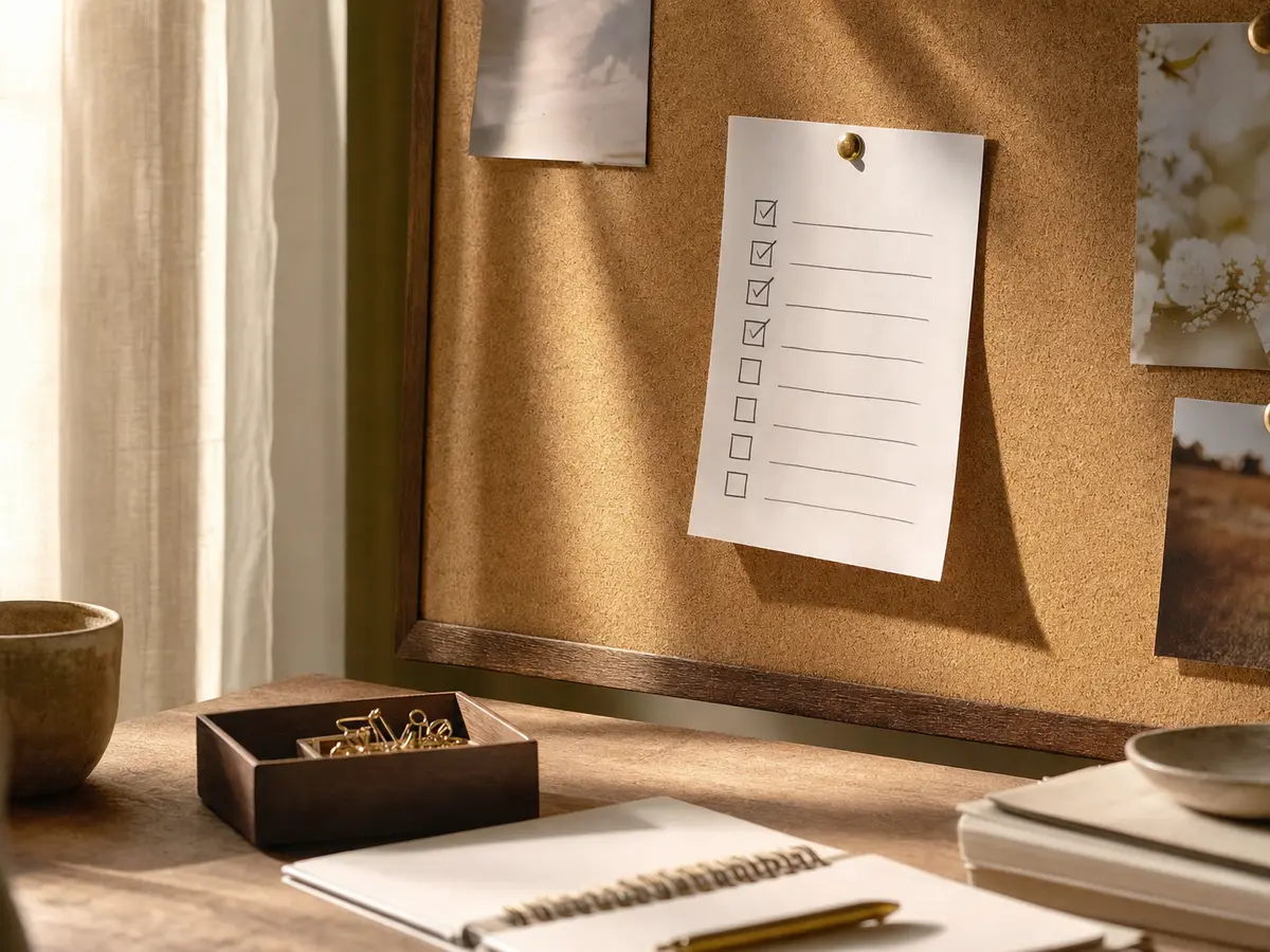 A supplier contact list with several checkboxes ticked, pinned above a home desk
