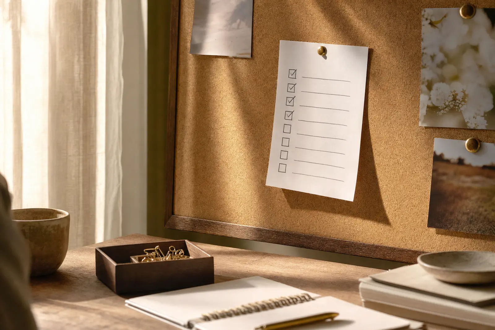 A supplier contact list with several checkboxes ticked, pinned above a home desk
