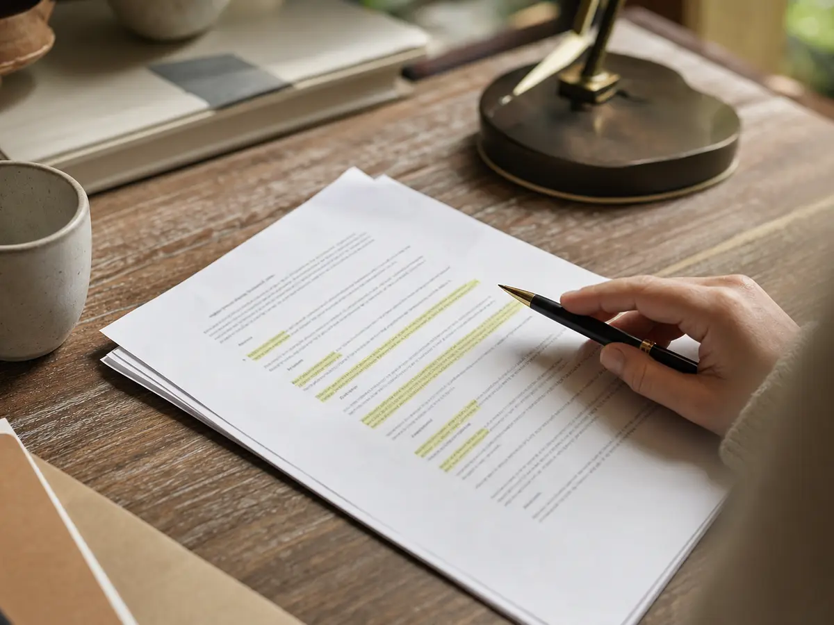 A wedding supplier contract with several clauses highlighted and a pen resting across the page