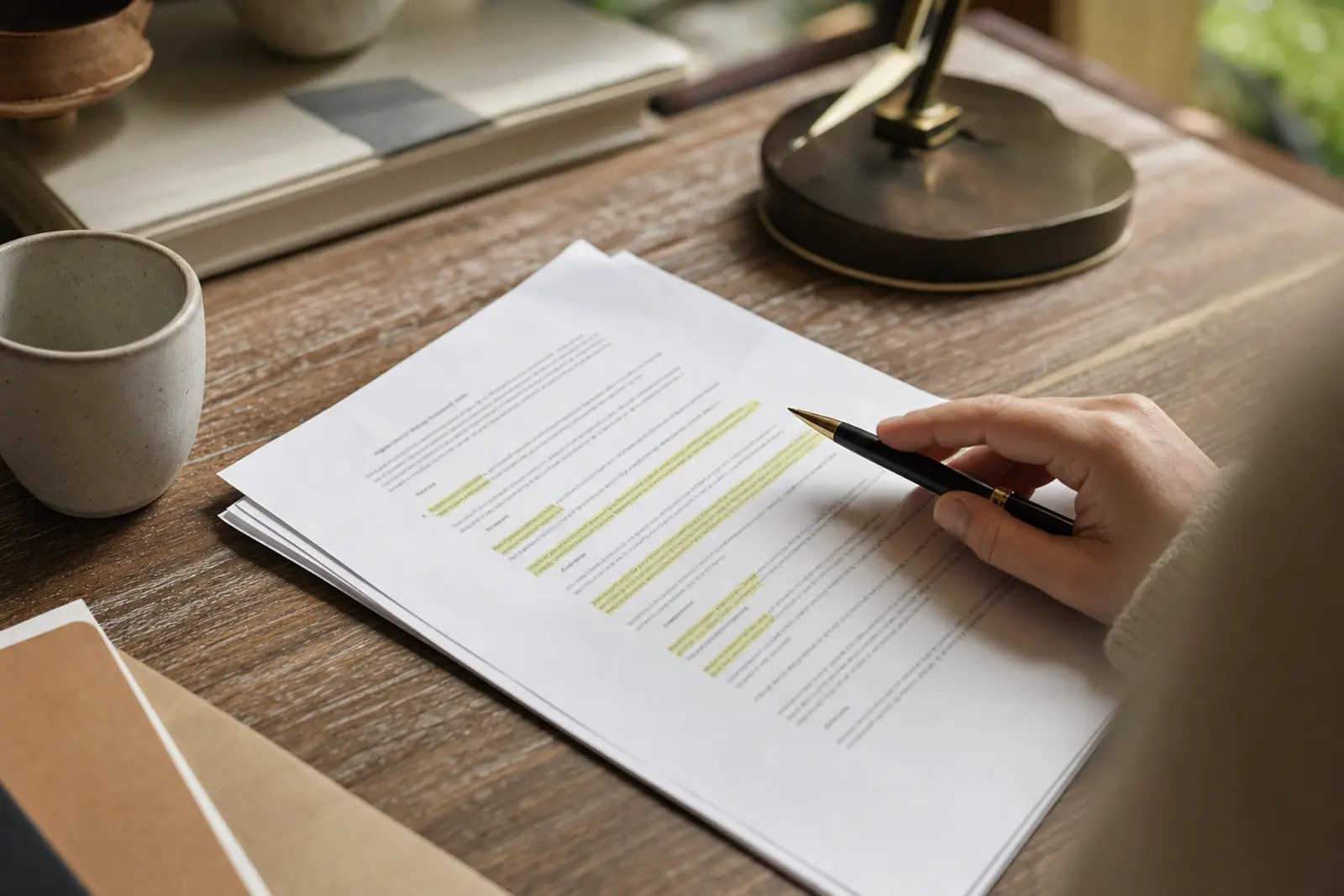 A wedding supplier contract with several clauses highlighted and a pen resting across the page