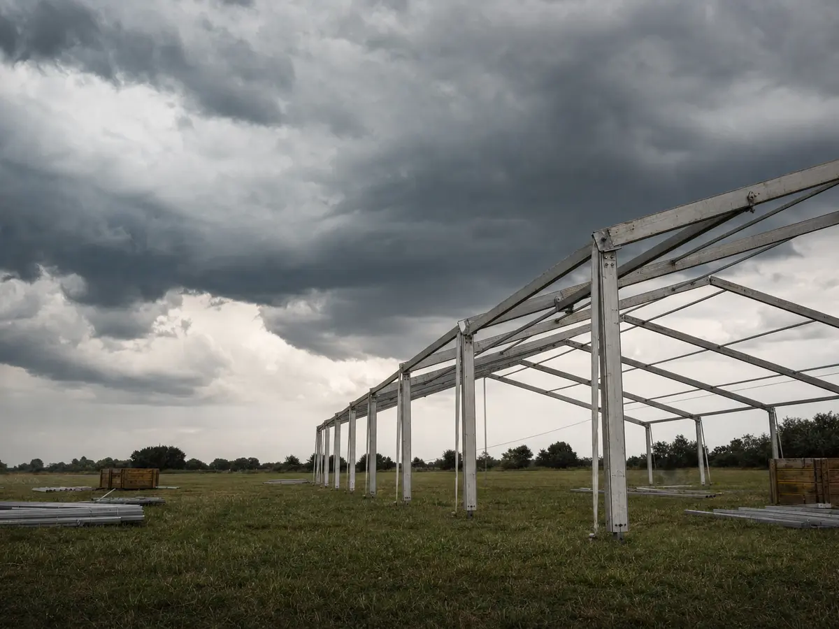 Dark storm clouds building over an open field where a marquee frame stands unfinished