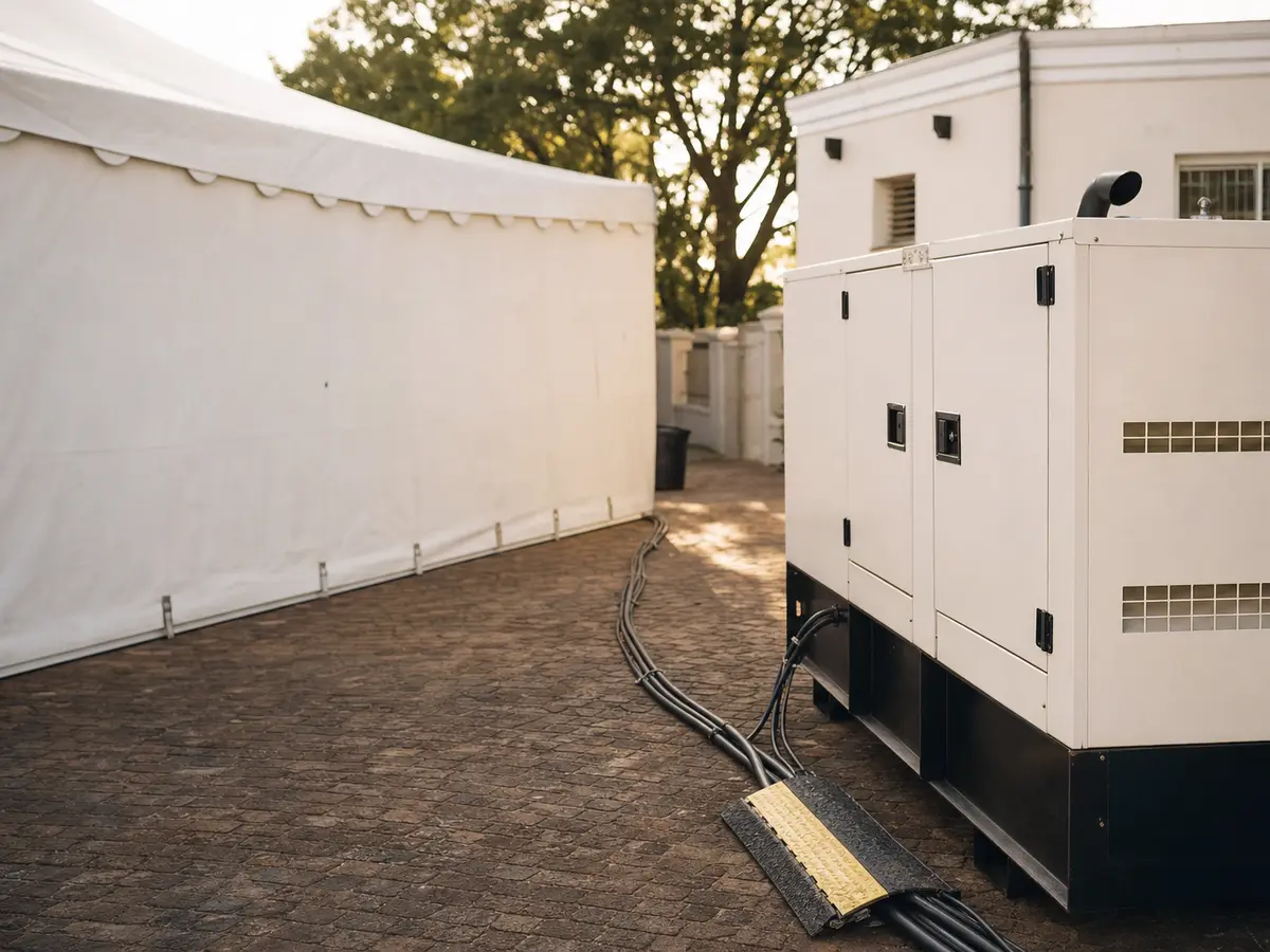 A generator and cabling laid out behind a marquee before a wedding reception