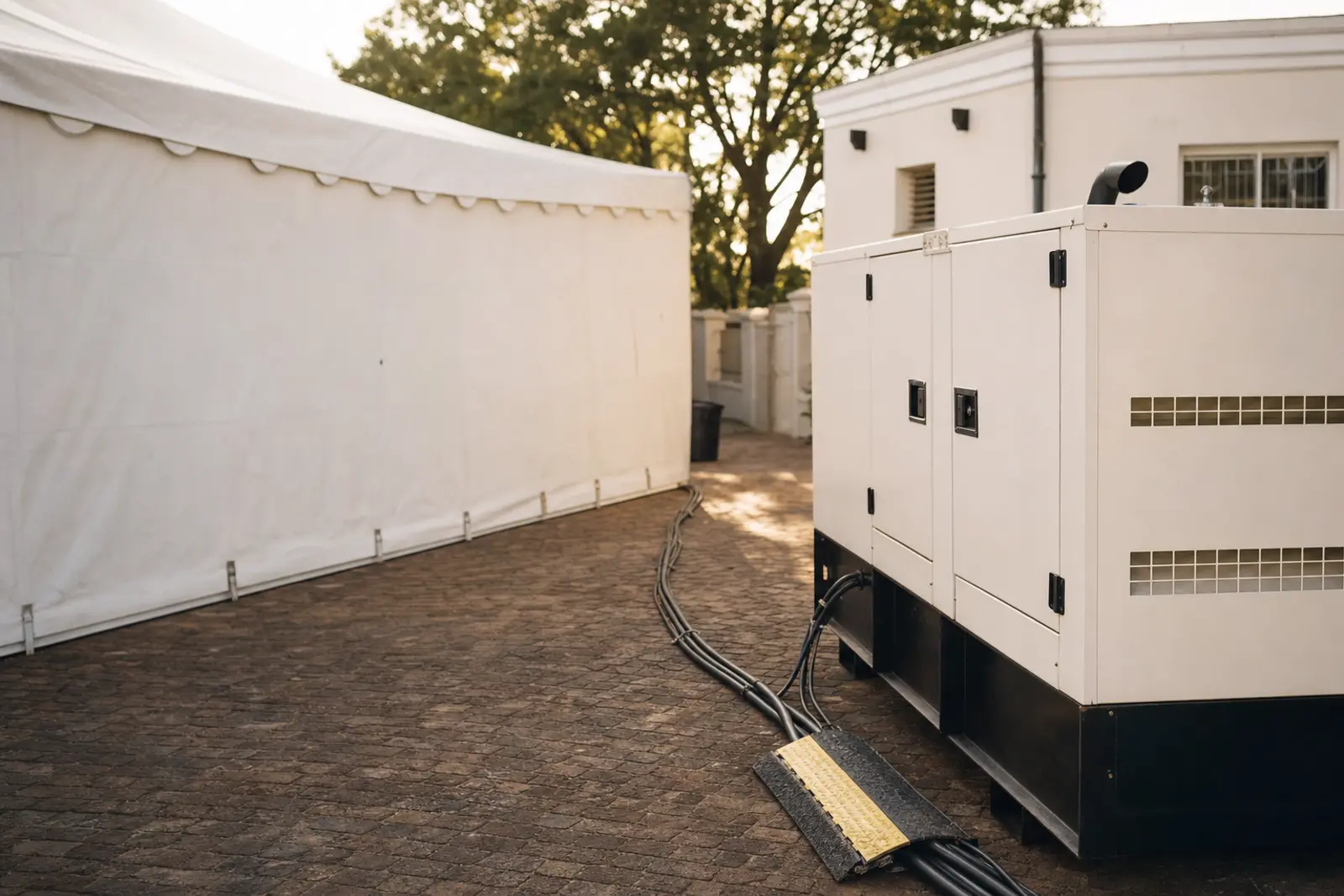 A generator and cabling laid out behind a marquee before a wedding reception