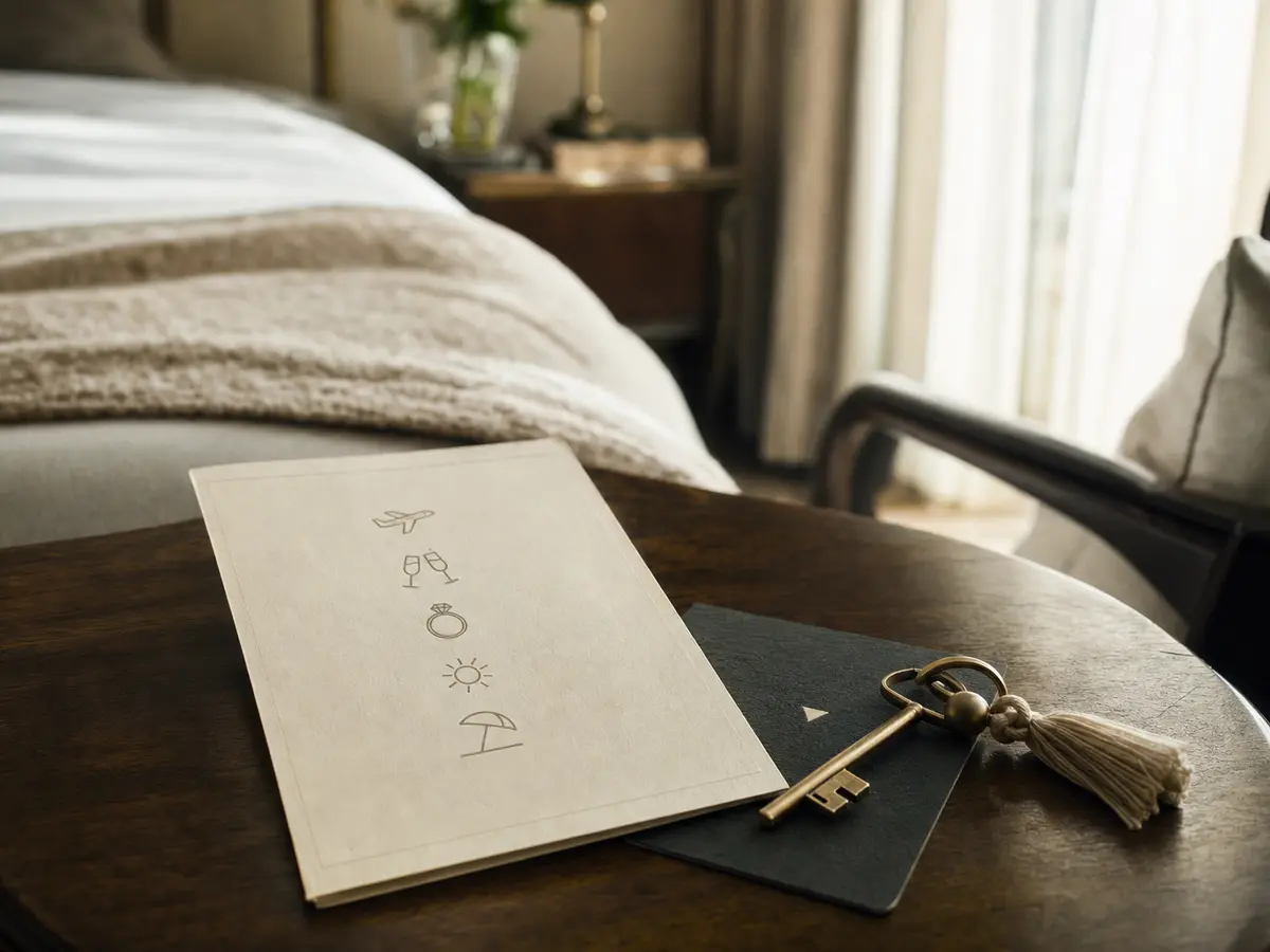 A printed weekend itinerary and a room key resting on a bedside table