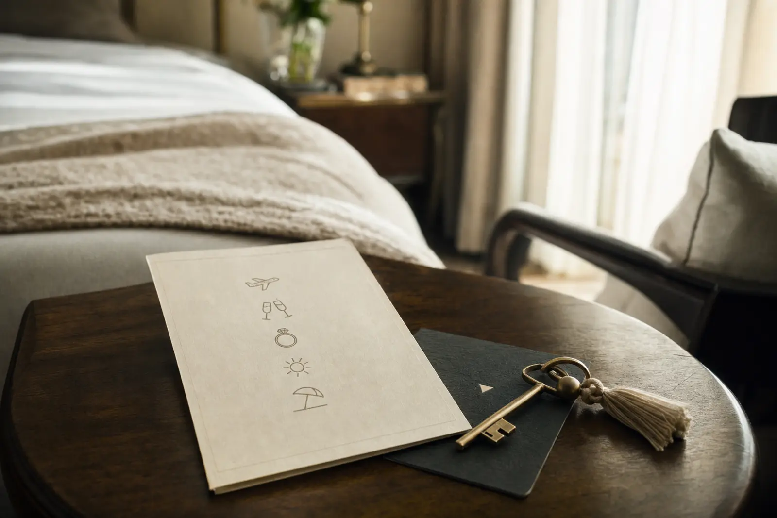 A printed weekend itinerary and a room key resting on a bedside table