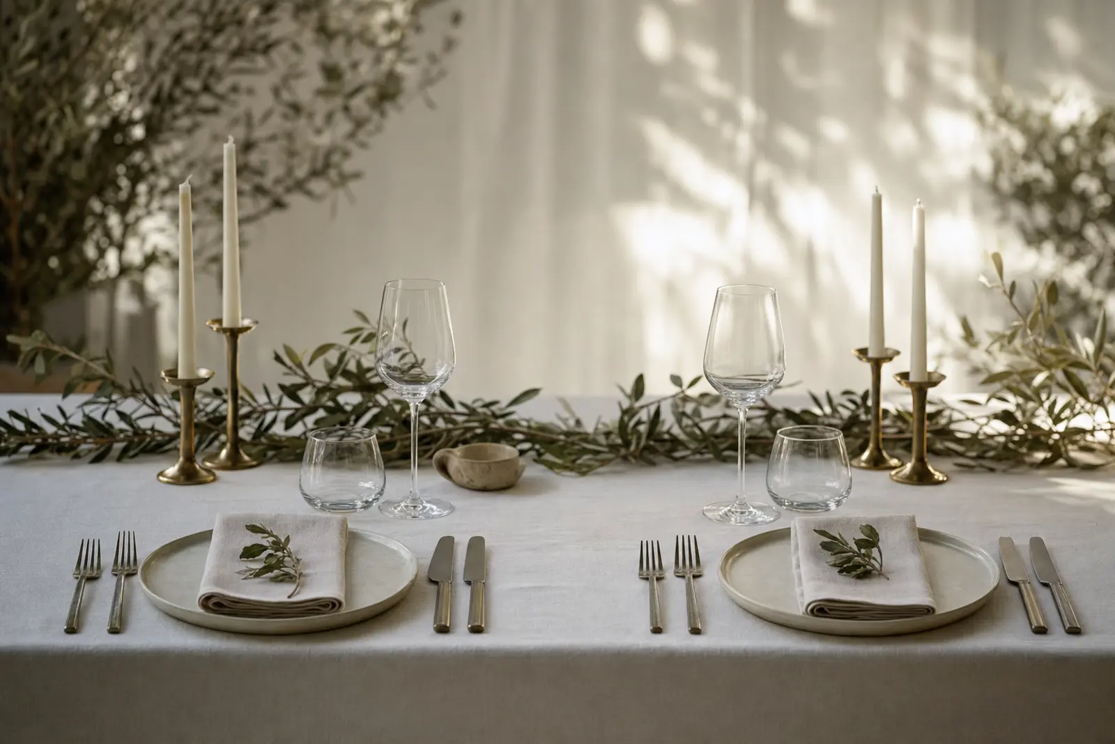 Two matching reception place settings positioned side by side on a long table