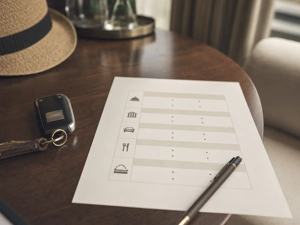 A printed weekend wedding schedule on a table beside a car key and a pen
