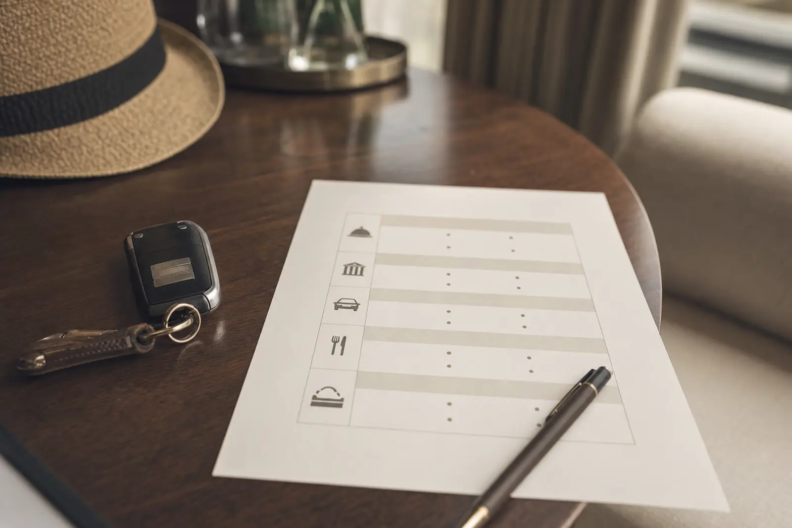 A printed weekend wedding schedule on a table beside a car key and a pen