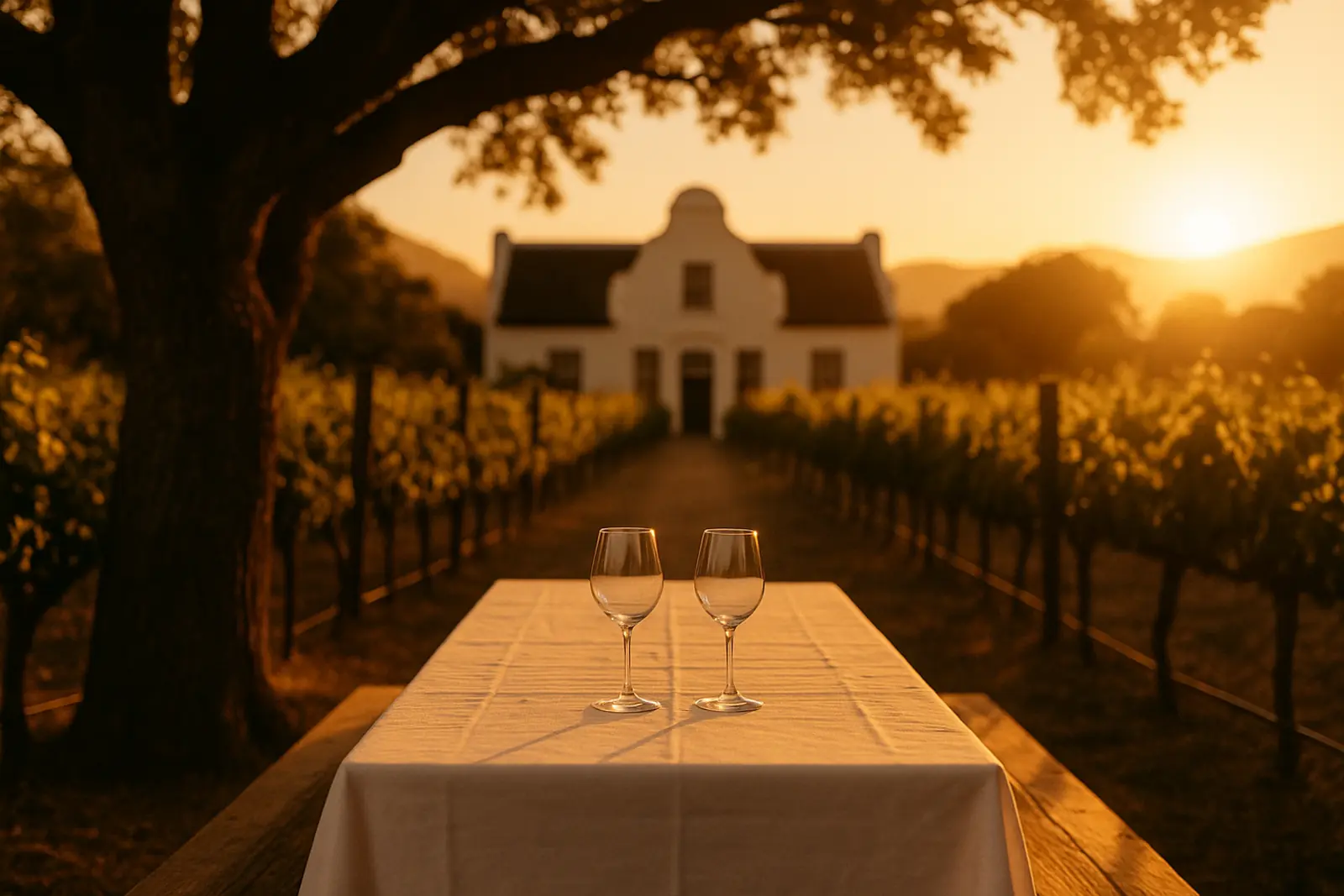 A long table under an oak between vineyard rows at golden hour