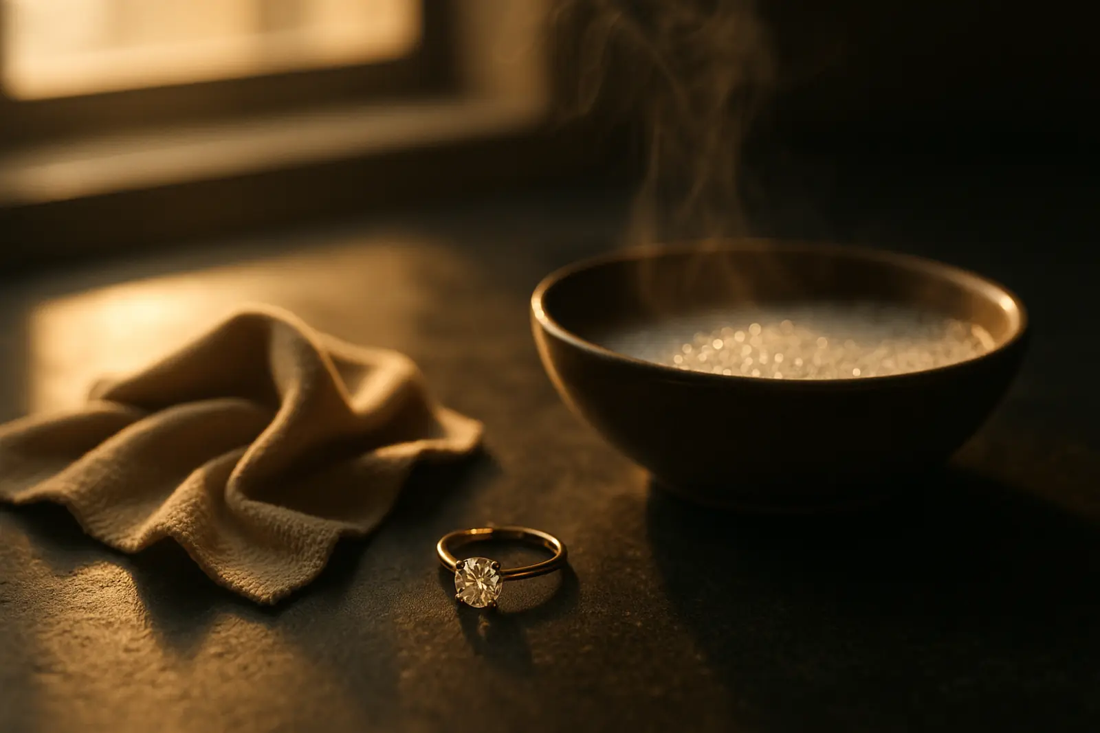 A diamond ring beside a soft cloth and a dish of warm soapy water