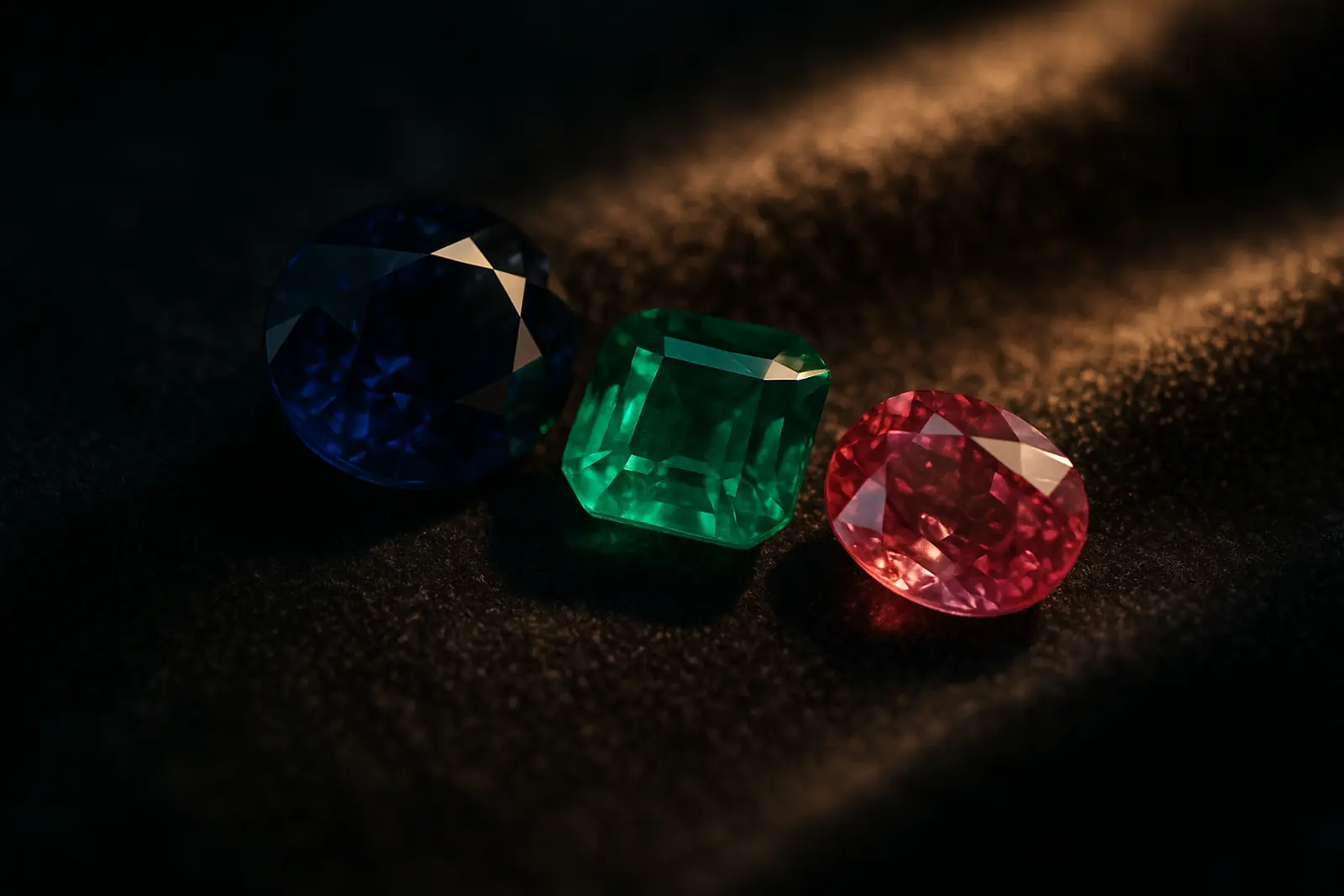 A blue sapphire, a green emerald and a pink spinel on dark velvet
