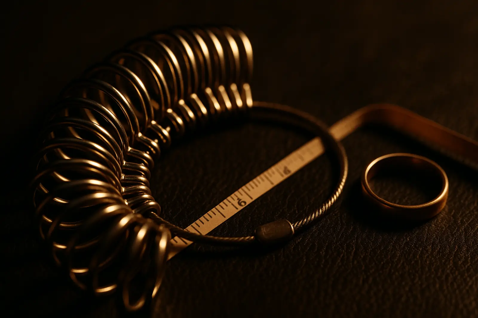 Steel ring sizers fanned on dark leather beside a gold band