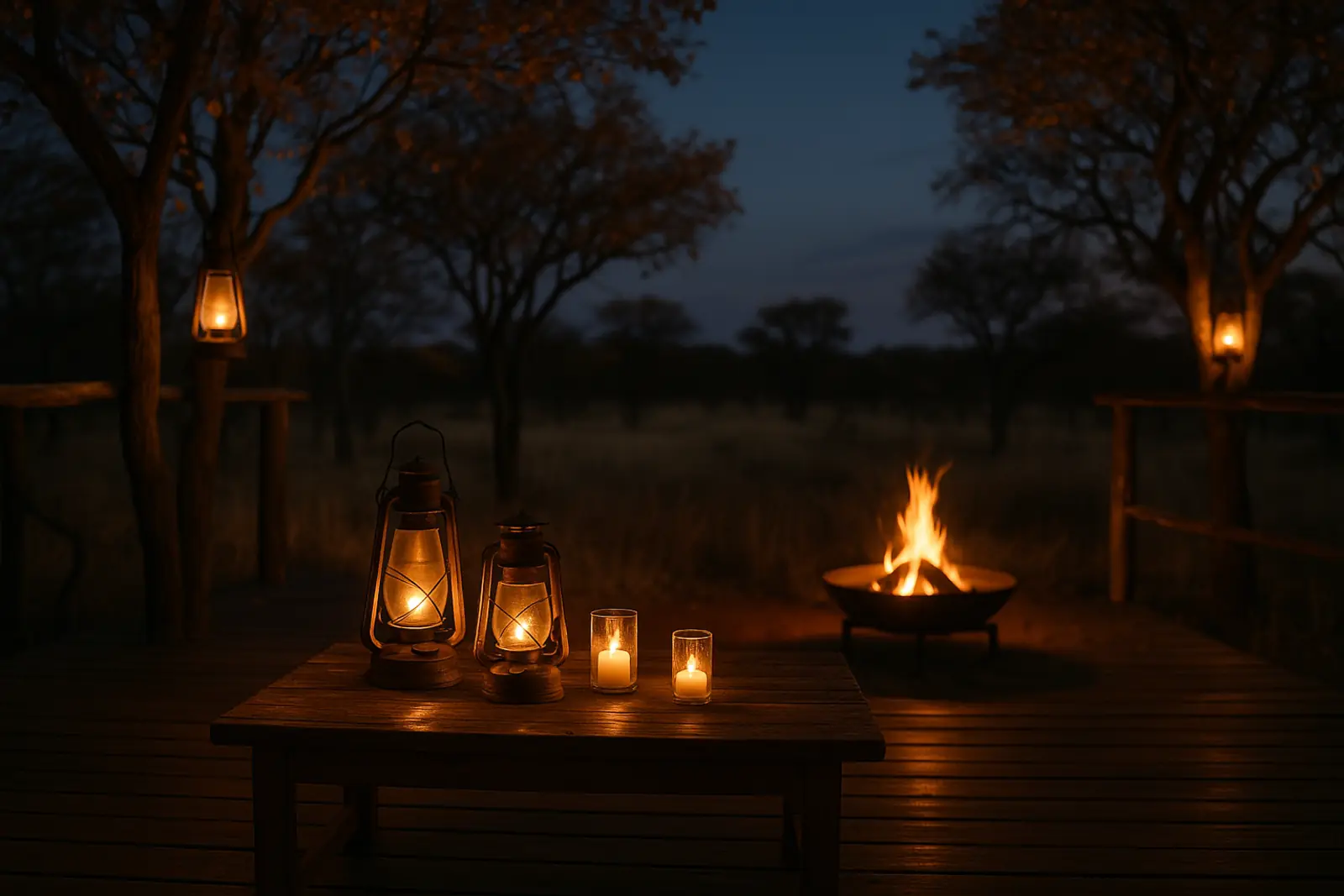 A lantern-lit bushveld camp deck at dusk in the South African lowveld