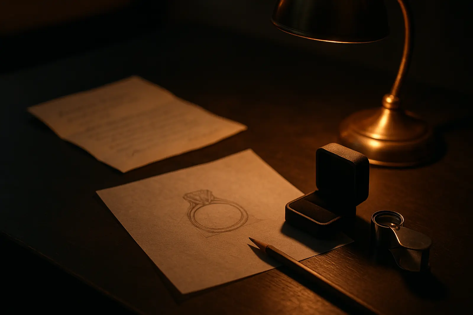 A pencil sketch of a ring and an empty ring box on a jeweller's desk