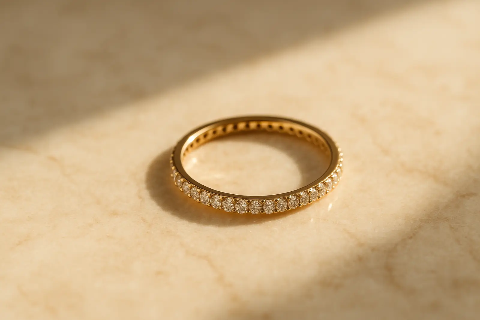 A slim diamond eternity band alone on warm ivory marble