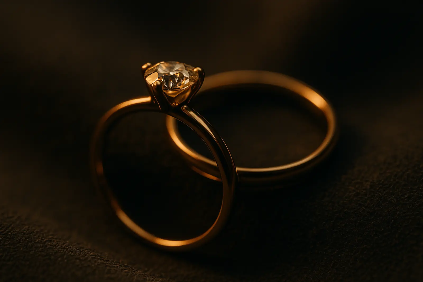 An engagement ring and a slim wedding band resting together on dark suede