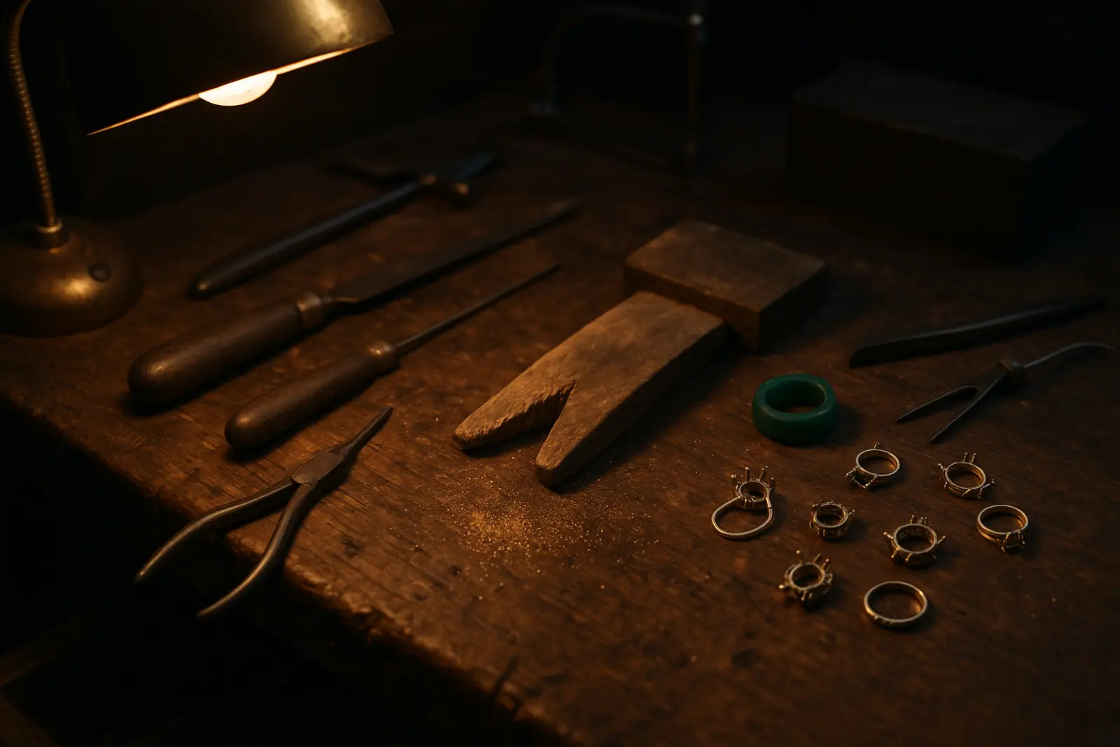 A jeweller's bench with hand tools and loose settings under a warm lamp