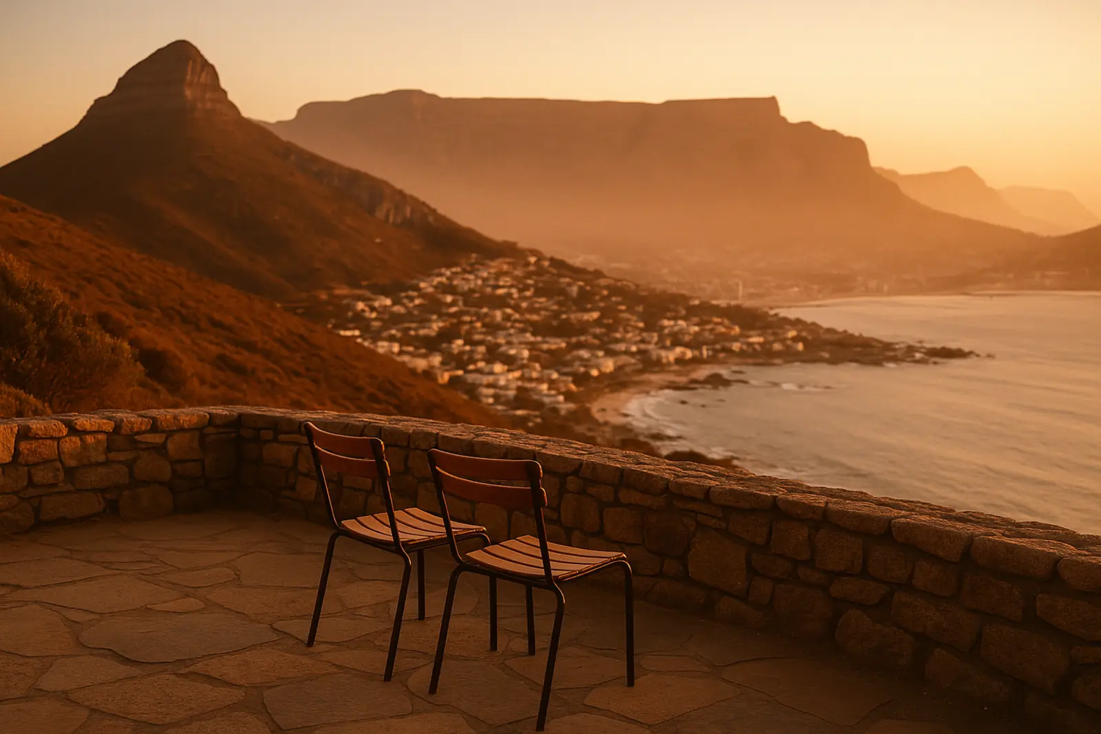 A quiet stone terrace above the Atlantic at golden hour in Cape Town
