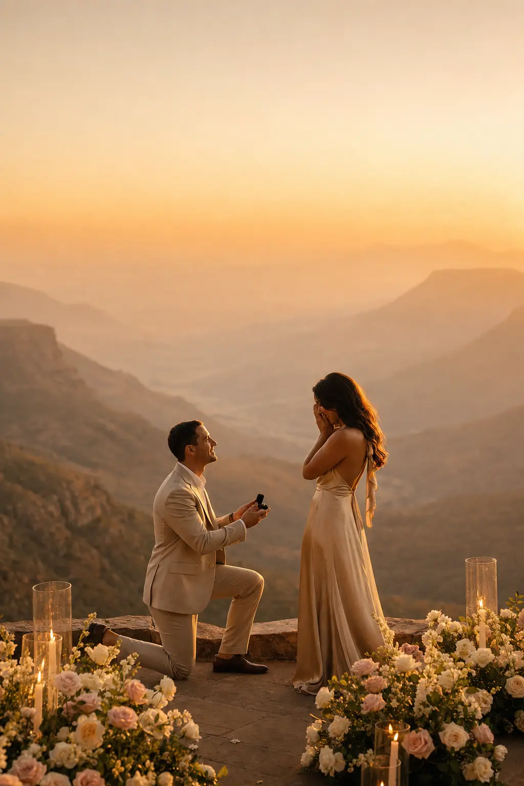 A couple at sunset on an escarpment terrace, one of them kneeling with a ring box, roses and candles around them
