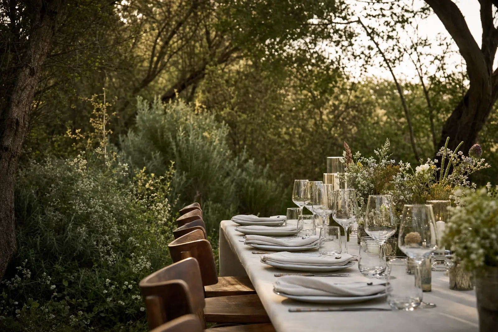 A long table set for a wedding in a South African garden, empty chairs and folded napkins in late afternoon light